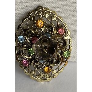 Flower Rhinestone Pendant Gold Tone Layered With Colorful Rhinestones Vintage